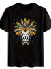 Mexican Day of the Dead T-shirt - Black Casual Graphic Tee with Floral Headdress