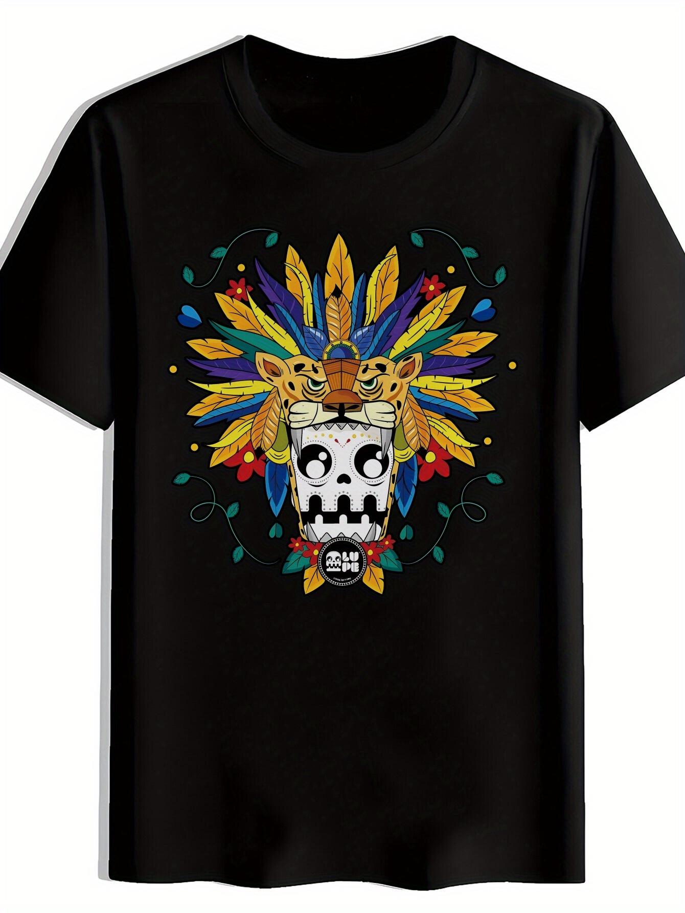 Mexican Day of the Dead T-shirt - Black Casual Graphic Tee with Floral headdress XL