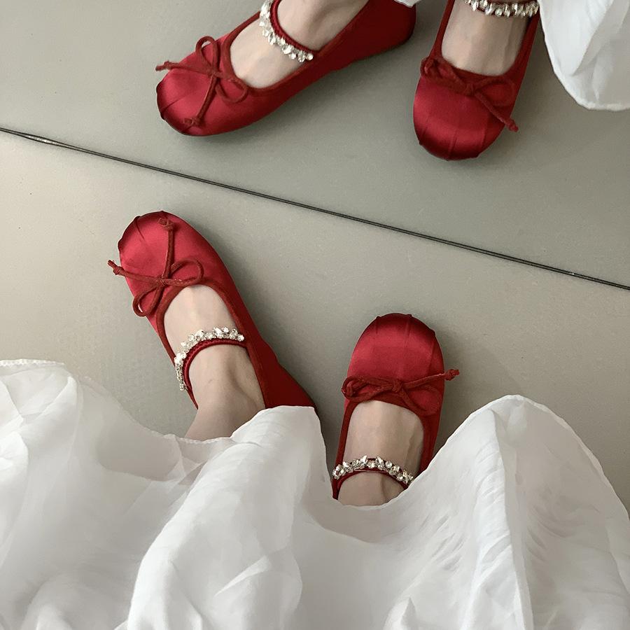 Inner height increase 4CM Mary Jane single shoes women's shoes spring and summer red rhinestone ballet evening shoes