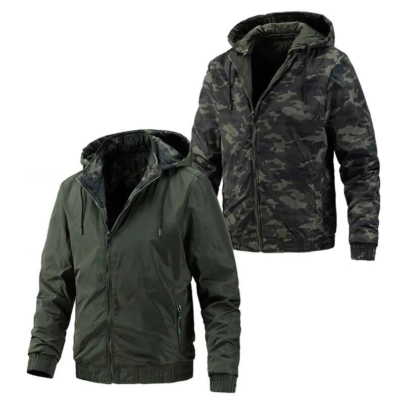Men's Spring and Autumn Solid Color Camouflage Reversible Men's Jacket Sports Casual Windproof Riding Hooded Jacket