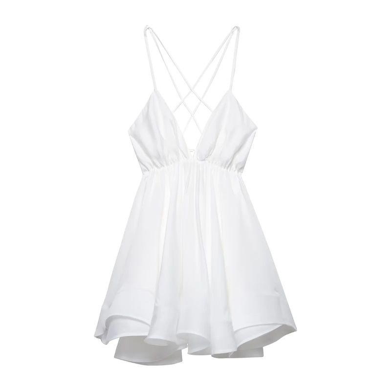 

Za Spring/Summer New Women s Clothing Sexy V-neck Lace up Sleeveless Backless Slimming High Waist A- line Short Strap Dress White L