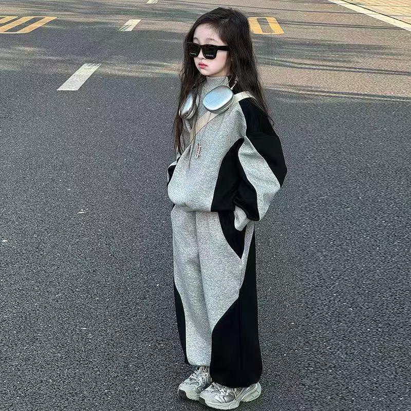 Girls' Korean Style Two-Piece Set: Color Block Sweatpants for Spring and Autumn