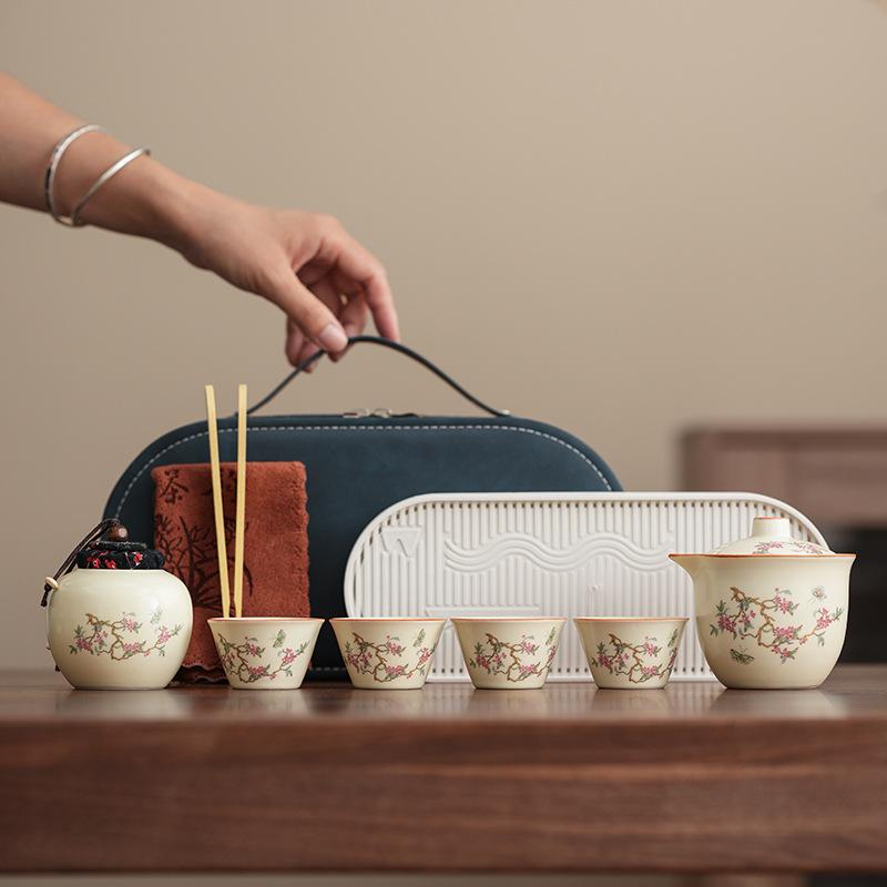 Premium retro Ru kiln, one pot, four cups of Qingyun peony hand-held pot, anti-scalding tea maker, camping gift travel tea set