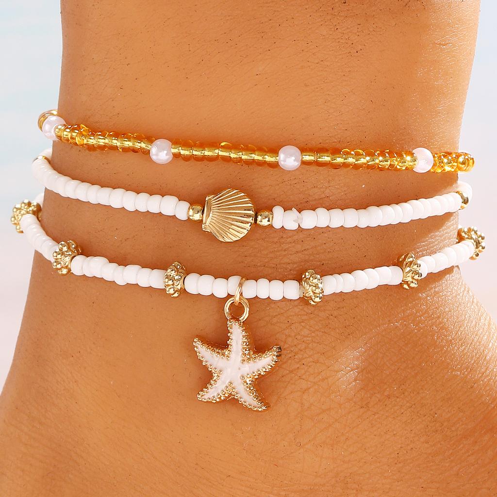 3pcs Set Creative Retro Starfish Conch Imitation Pearl Shell Beaded Stackable Anklets for Women Bohemian Vacation Jewelry Gifts