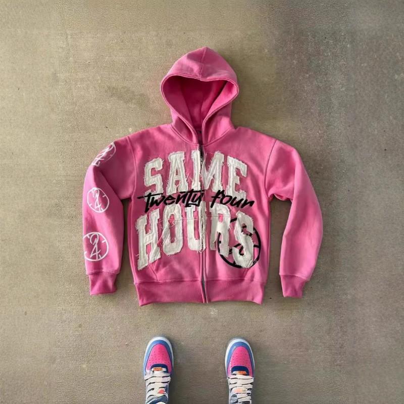 Vintage Letter Patch Print Hooded Cardigan Loose Fit Streetwear Women