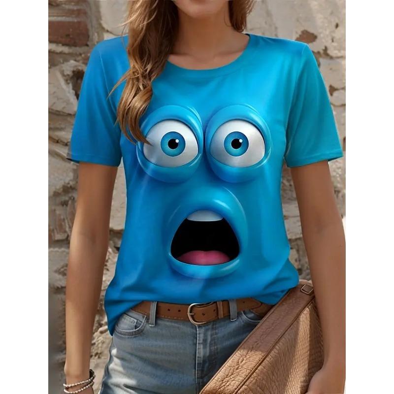 3D Printed Fun Expression Pattern T-shirts Summer Casual Round Neck Top Short Sleeve Loose Women's T-shirts
