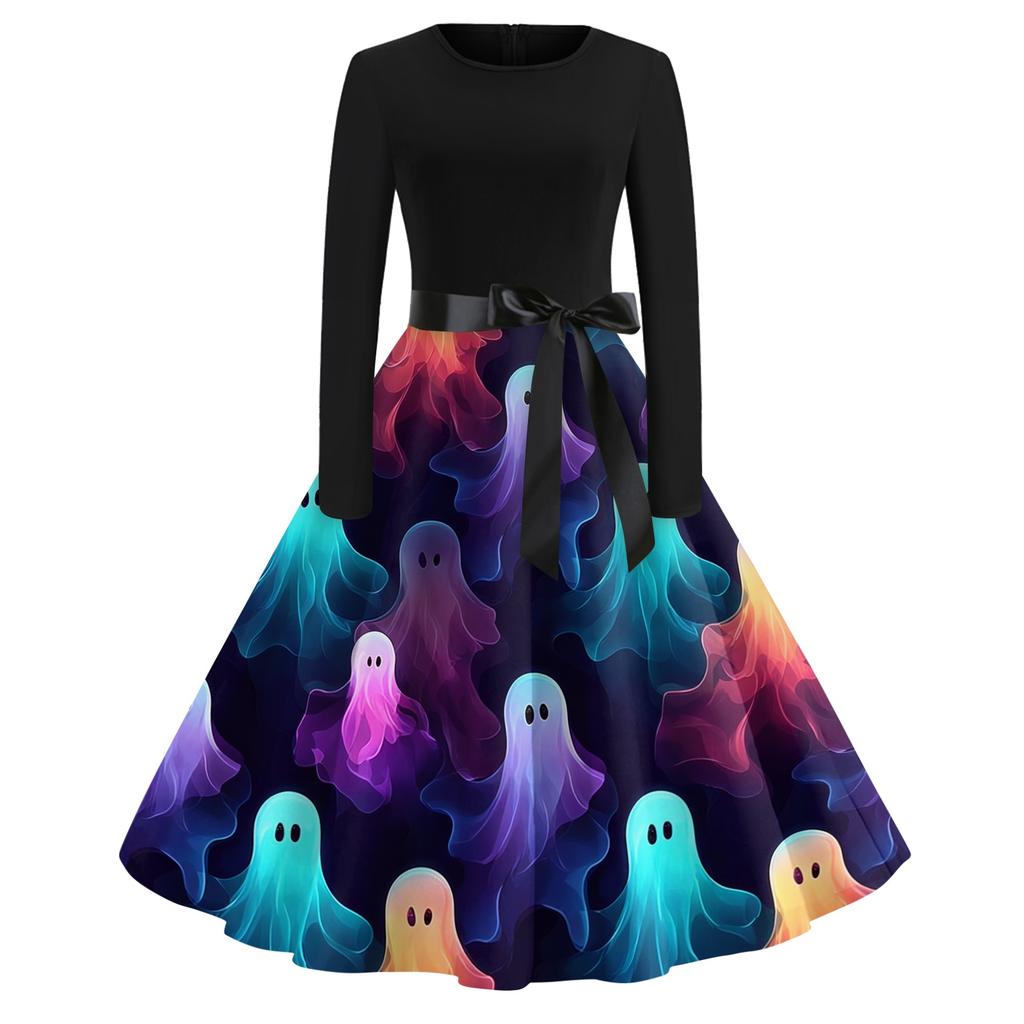 Women's Casual Halloween Print Dress Long Sleeve Round Neck Vintage Style Midi Dress with Waist Tie for Seasonal Occasion