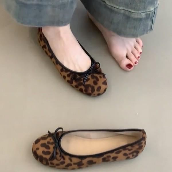 Sheepskin Version~ Genuine Leather French Flat-bottomed Leopard Print Bow One-pedal Shallow Mouth Single Shoes Women's Round Head Evening Shoes