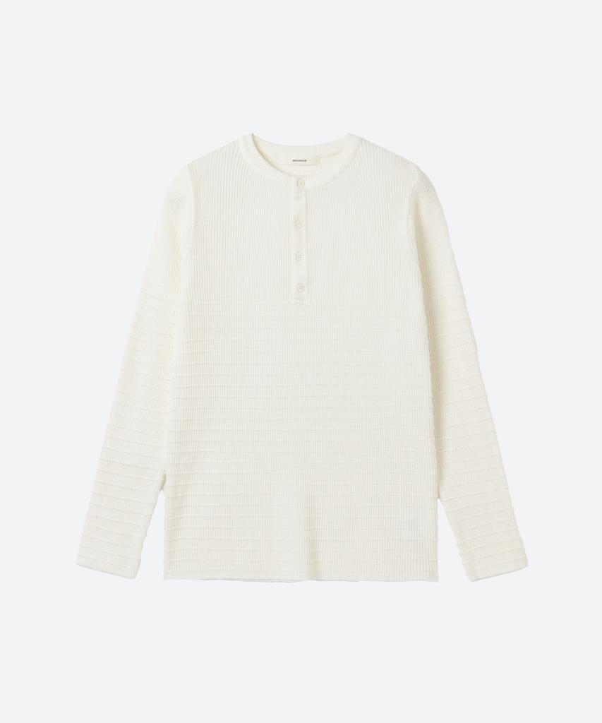 MOONSUN Unisex, Stripe Henley Neck Knit / Ivory