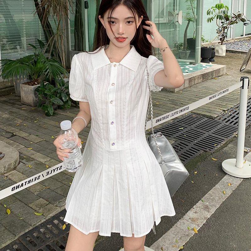 2026 new college style lapel white dress women's a-word skirt summer sweet and thin skirt