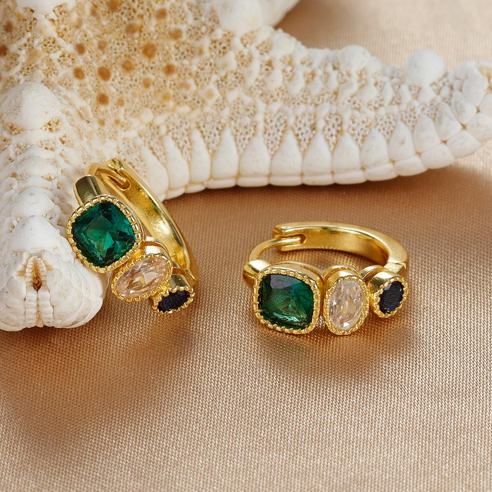 Vintage Gold Color Stainless Steel Circle Hoop Earrings Fashion Green White Blue Cubic Zirconia Circle Earrings Trendy Jewelry