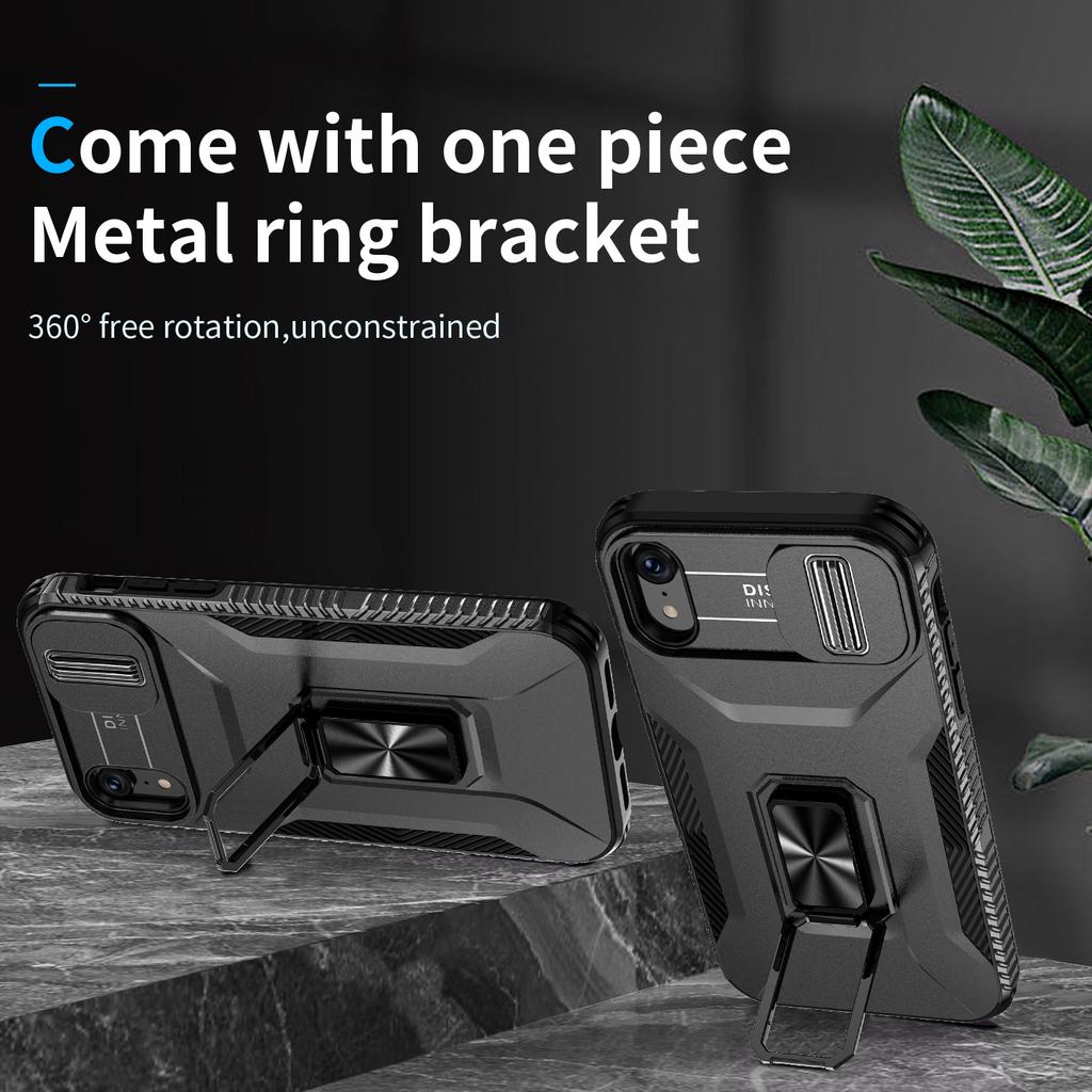 For iPhone XR Case TPU+PC Ring Kickstand Phone Cover Support Magnetic Car Mount -  Black