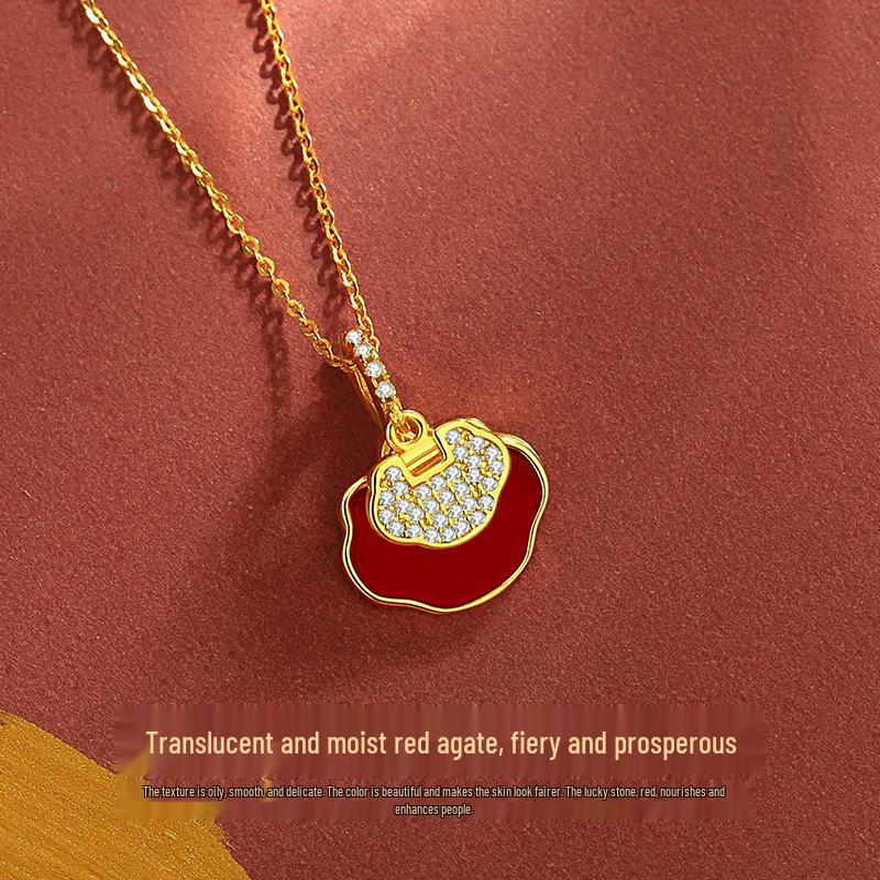 Tichiya Red Agate Peace Lock Necklace for Women, S925 Sterling Silver, Retro Chinese Zodiac Ruyi Pendant