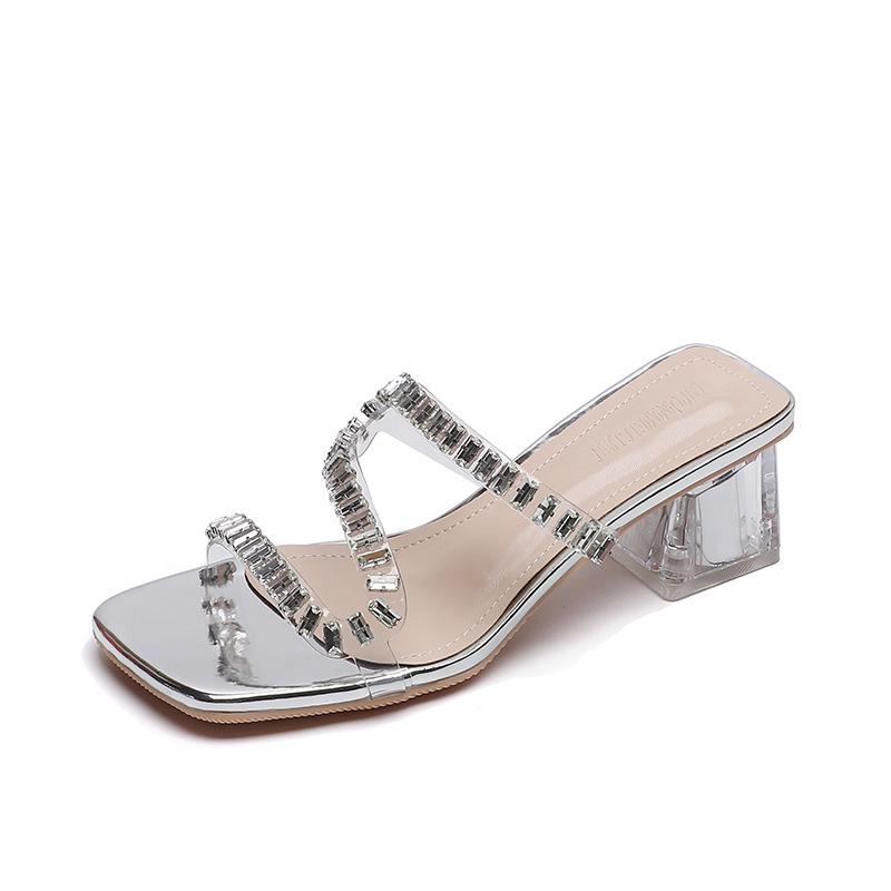 

Fashion Clear PVC Band Slippers Woman Crystal Sandals Med-High Heels Slide Shoes Ladies Transaprent Heeled Sandalias Open Toe Flipflops 33 серебряный