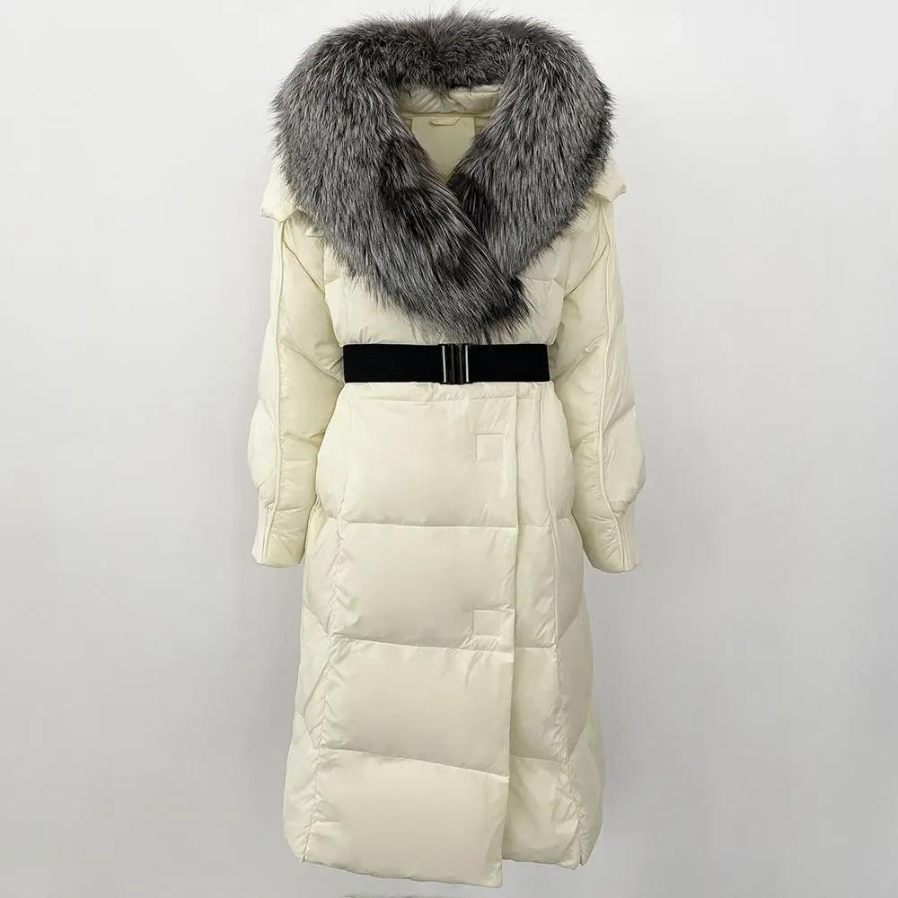 OFTBUY Winter Jacket Women Long Natural Real Raccoon Fox Fur Collar White Duck Down Coat Belt Thick Warm Casual Outerwear
