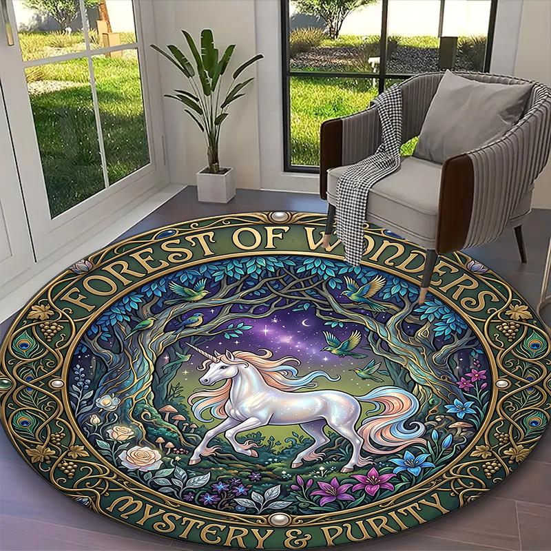1pc Sapphire Night Unicorn Printed Chair Rug for Home Office Use, Living Room Kitchen Game Room Round Carpet