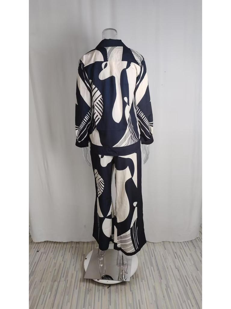 European & American Women's Graffiti Lapel Shirt and Long Sleeve Fashion Two-Piece Set