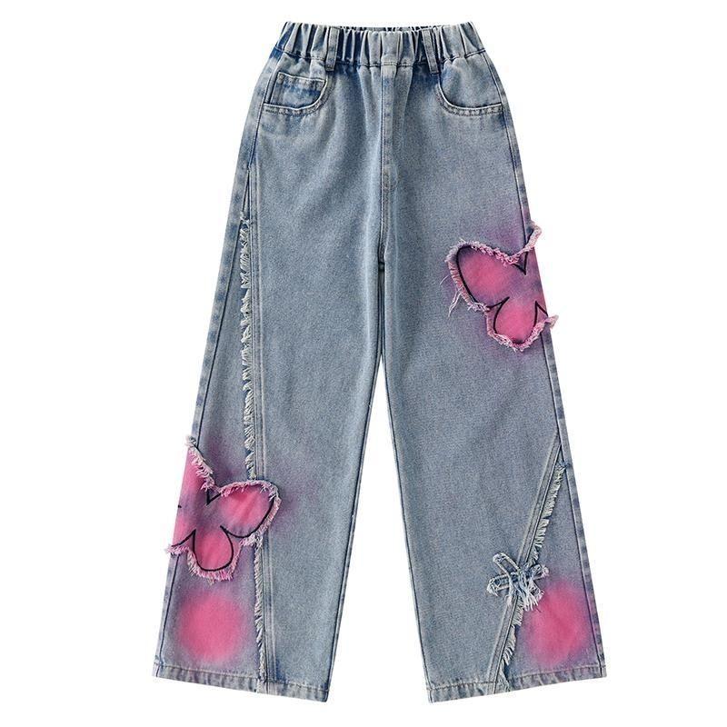 Girls Fashion Spray-Painting Butterfly Denim Wide Leg Pants High Waist Korea Style Long Jeans Teens Trousers