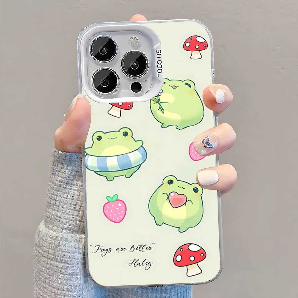 Mint Green The Frog Mushroom Phone Case For iPhone 16,15,14,13,12,11,Pro,XS,Max,Plus,Mini,SE White Candy Matte Shockproof Cover