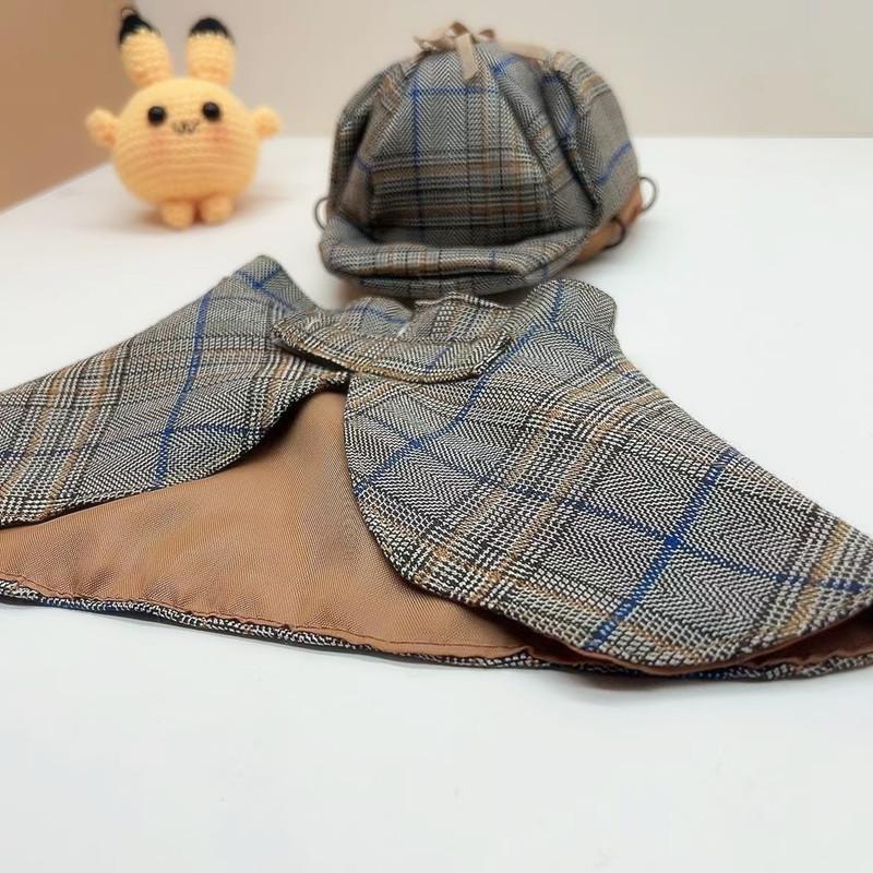 Pet Detective Transformation Cloak Hat Set Cat Dog Checkered Halloween Dress Up Funny Cloak Coat Puppy Clothes for Small Dogs