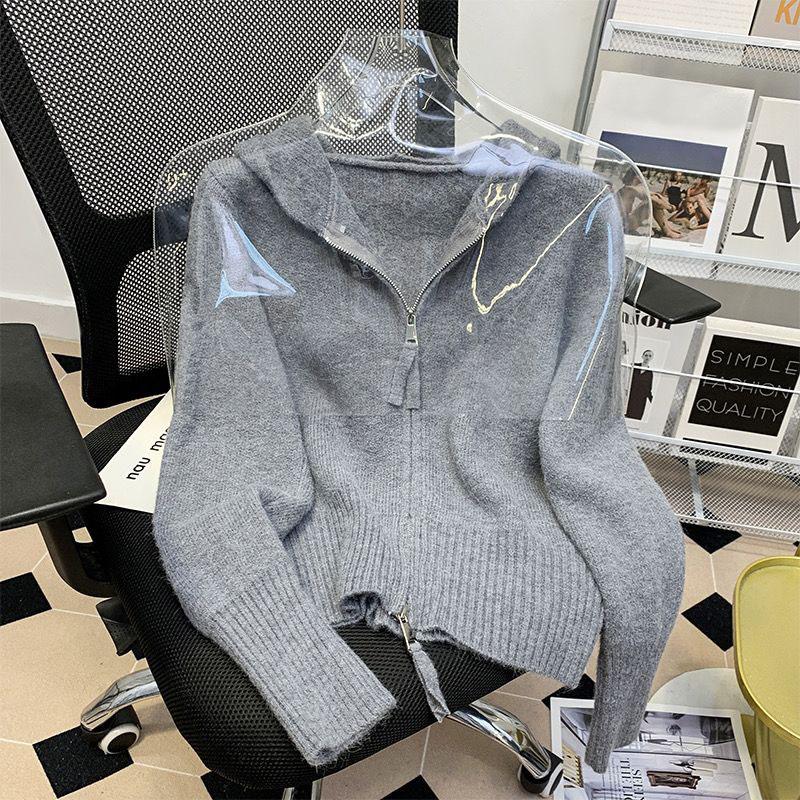 Zipper Sweater Outerwear for Women Spring and Autumn Design Sense Niche Hooded Knitted Cardigan Outerwear Sweater Female Top