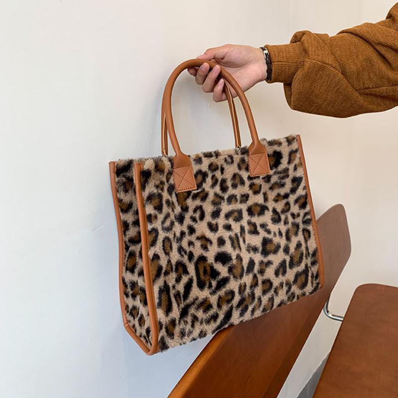Yogodlns Borsa a tracolla in morbida peluche calda da donna invernale Borsa a tracolla in pelliccia sintetica con motivo leopardato alla moda Borsa di grande capacità