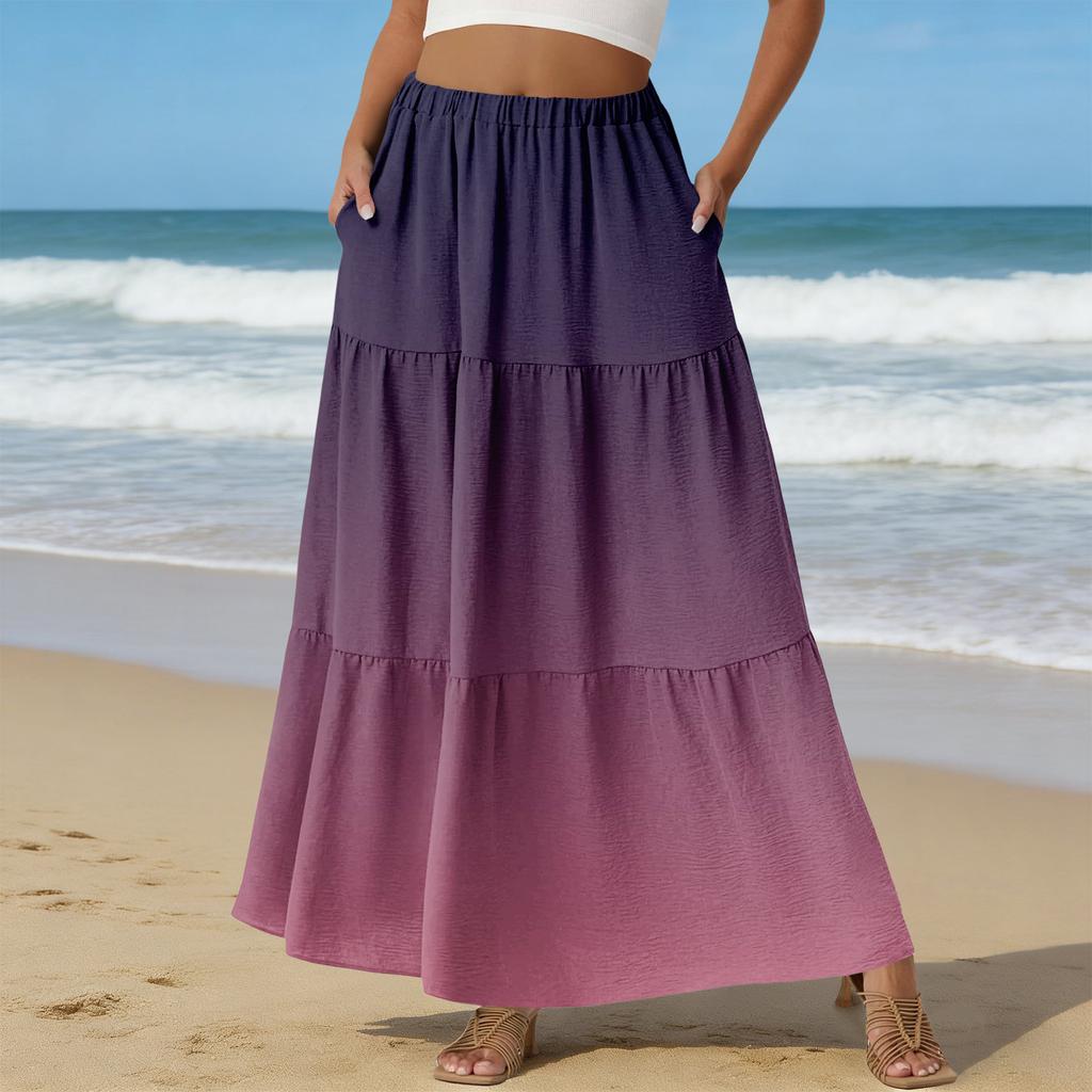 Women's Casual High Waist Drawstring A-line Skirt Color Skirt With Pockets