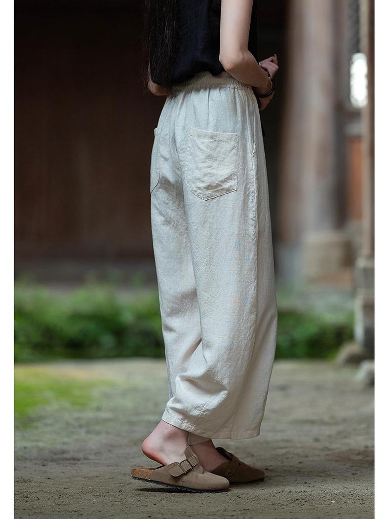 Spring Literary Linen Balloon Wide-Leg Pants - Women's Washed Cotton Nine-Point Loose Fit