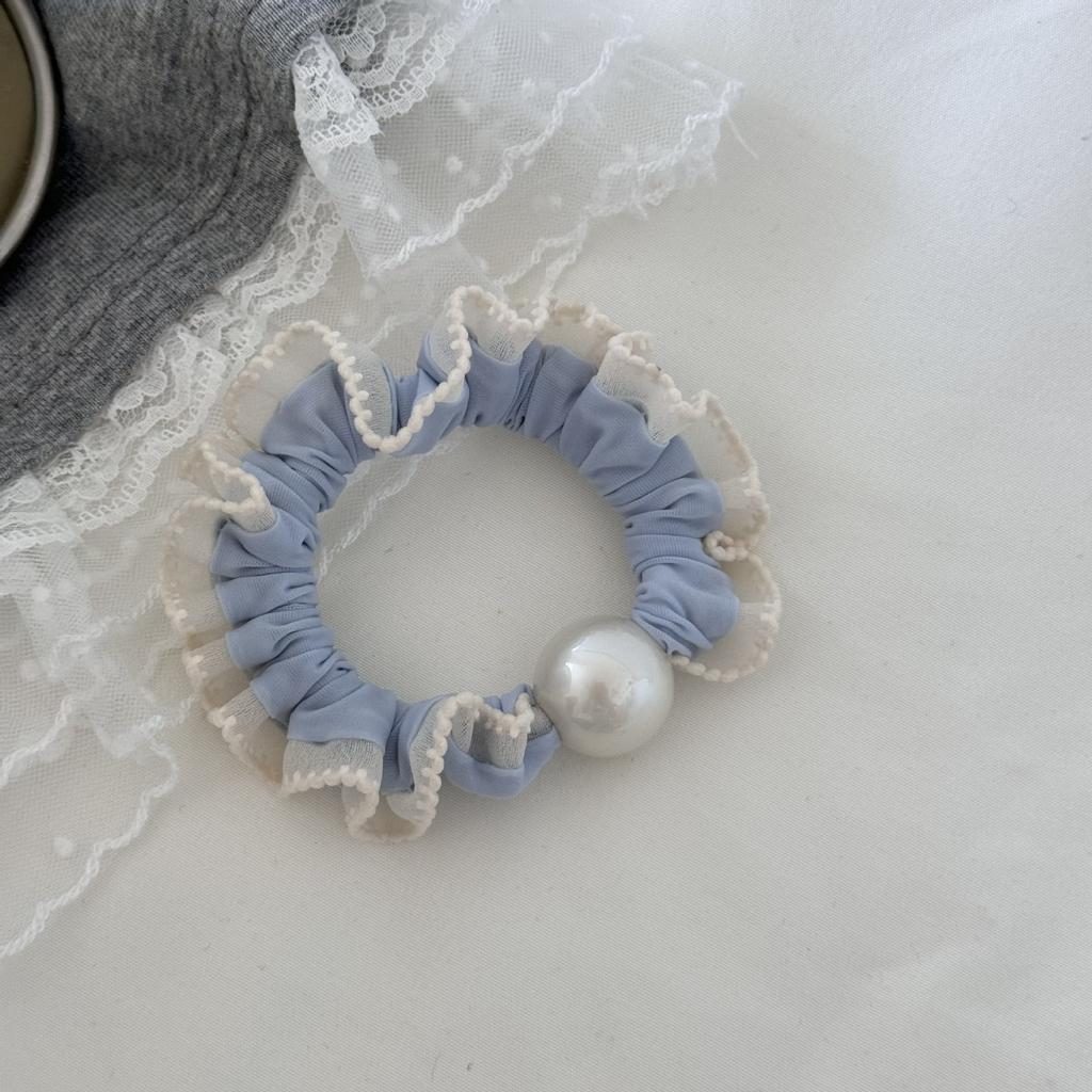 Soft and Comfortable Sea Salt Blue Lace Edge Mask, Small Ice Thread Hair Band, Fashionable and Simple Pearl Hair Accessory