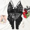 Sexy Crotchless Red Lingerie Women Lace Hollow Bodysuit Erotic Pajamas Babydoll Dress Deep V Open Bra Porn Underwear Set