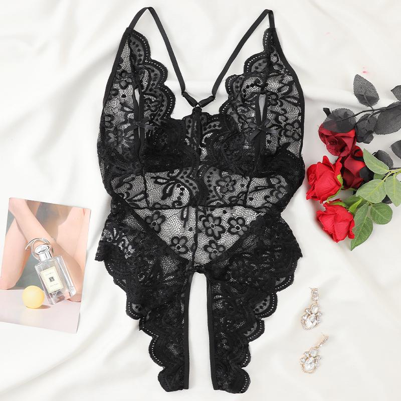 Sexy Crotchless Red Lingerie Women Lace Hollow Bodysuit Erotic Pajamas Teddy Babydoll Dress Deep V Open Bra Porn Underwear Set