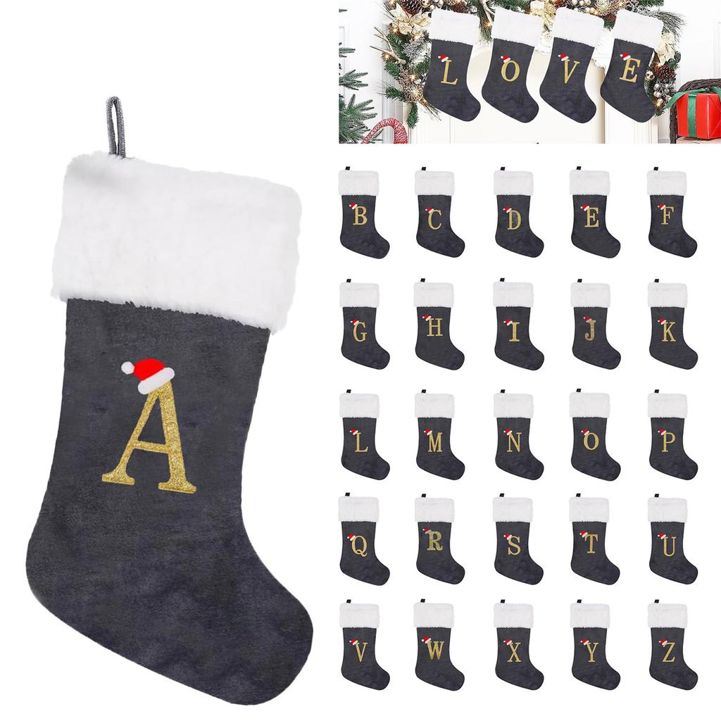 Holiday Christmas Stocking with Faux Fur Cuff Embroidered Letter A Design Classic Hanging Decoration for Fireplace Mantel or Wall Display
