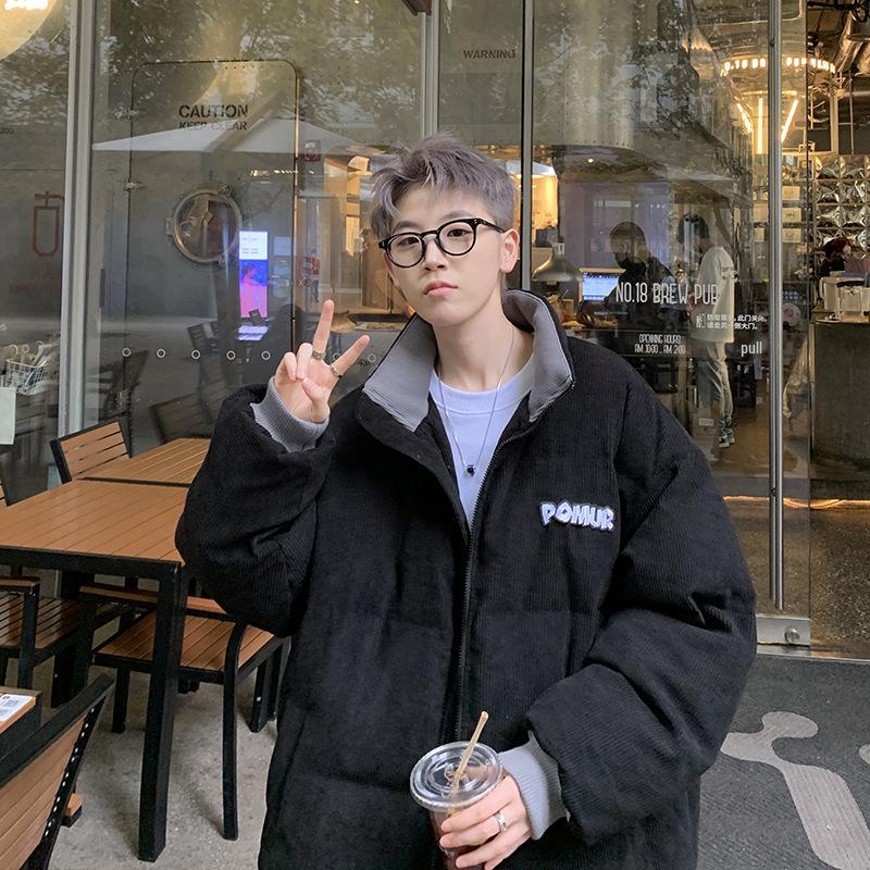 Men's Coffee Brown Corduroy Cotton Jacket - Retro Loose Fit, Stand Collar Winter Outerwear