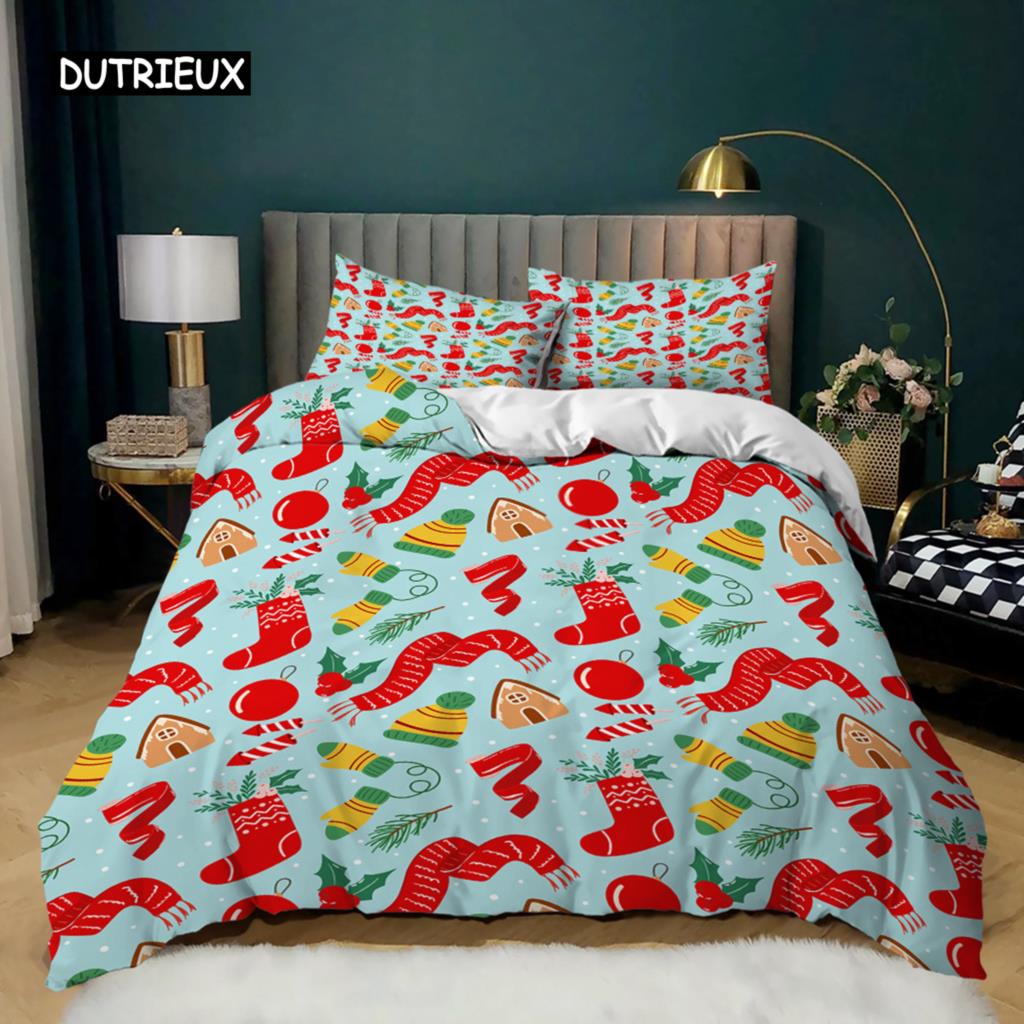 Christmas Duvet Cover Set King Size Christmas Stocking Bells Print Comforter Cover for Kids Girl Christmas Polyester Quilt Cover