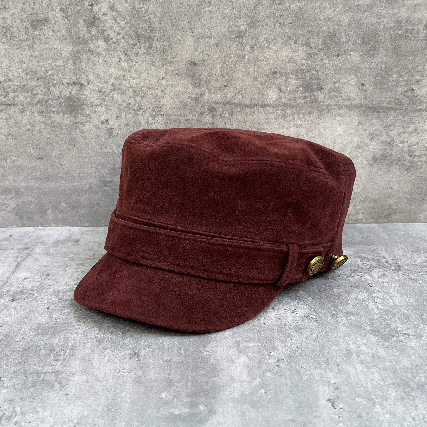 

Stylish Maillard Color Tooling Style Buttons Suede Flat Top Equestrian Hat Women S Face Newsboy Hat M（56-58cm）