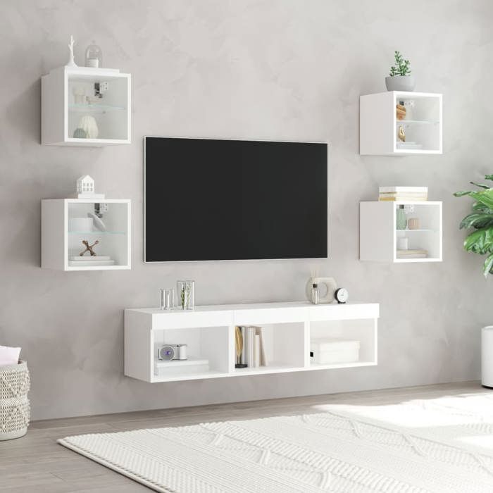 VidaXL Unités Murales TV avec LED 7 pcs, Armoires de Télévision Suspendues, Meubles Télé de Salon, Moderne, Blanc Bois 3216583