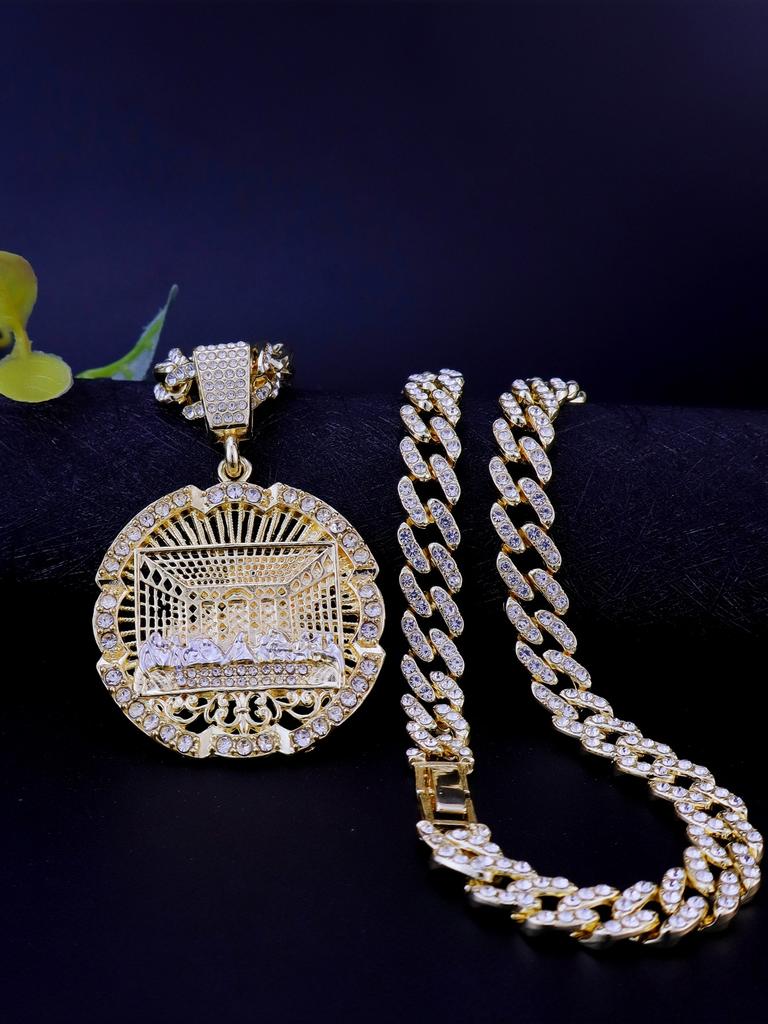 1 Piece 14K Gold Plated Hip Hop Punk Style Round Medallion Last Supper Pendant with Cuban Chain Cross Charm with Figaro Style
