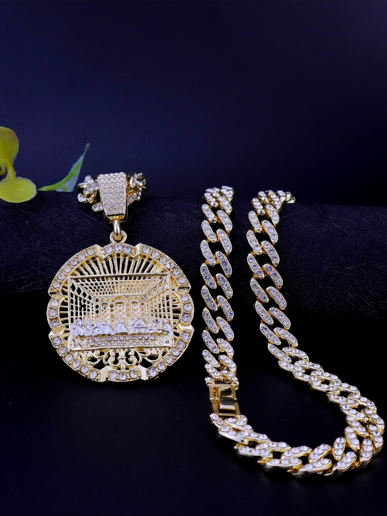 

1 шт. Позолоченное 14K Золотом Хип-Хоп Панк Стиль Круглый Медальон Подвеска Тайная Вечеря с Кубинской Цепью Подвеска Крест в Стиле Фигаро 50cm