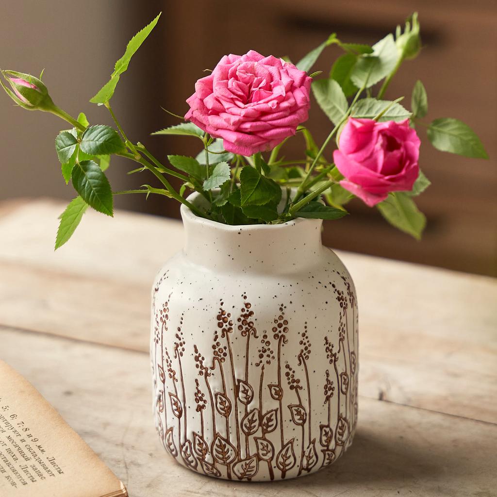 Vintage Embossed Ceramic Vase Floral Relief Hydroponic Pot for Plants Cut Flowers Festive Garden Home Table Decor Holiday Gift