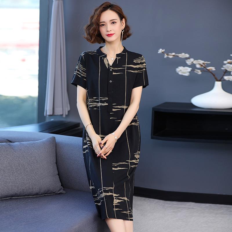 2024 Women's Floral Mid-Length Cotton Silk Slimming Plus Size Skirt Dress