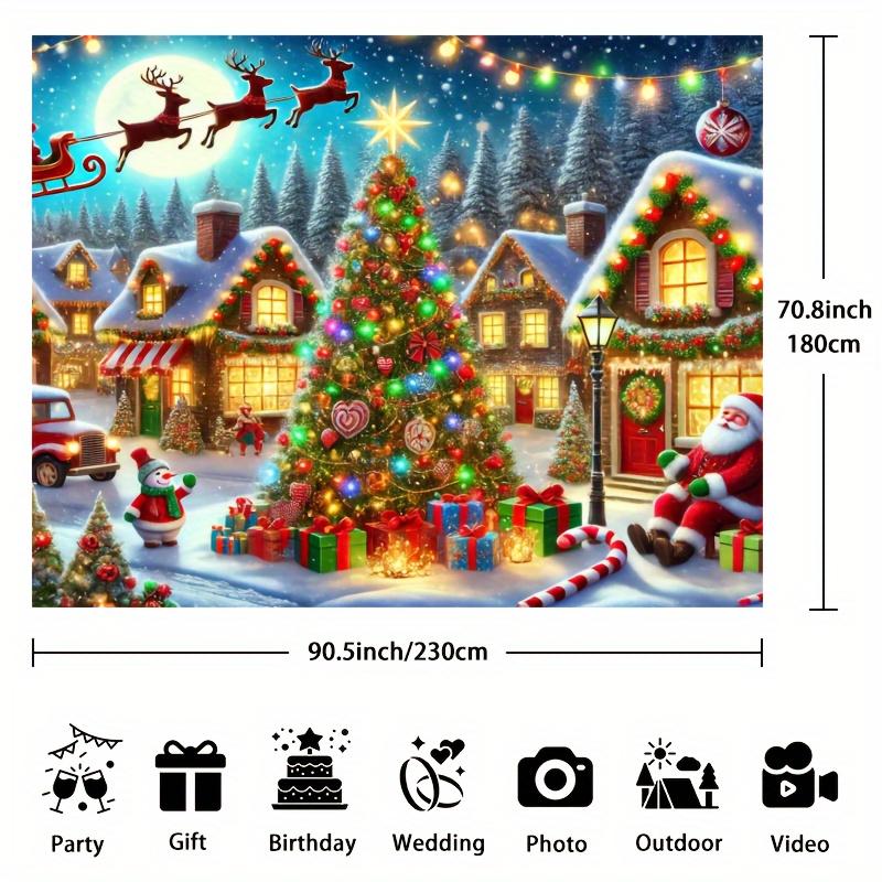 Christmas Village Photography Background Cloth - Snow City Christmas Tree and Santa Claus Sled Scene