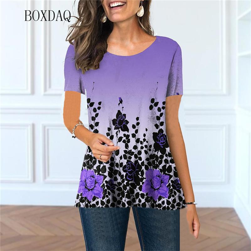 

3D цветочный принт женские повседневные футболки с коротким рукавом летние уличные градиентные женские футболки с цветочным принтом и круглым вырезом женские топы 6XL