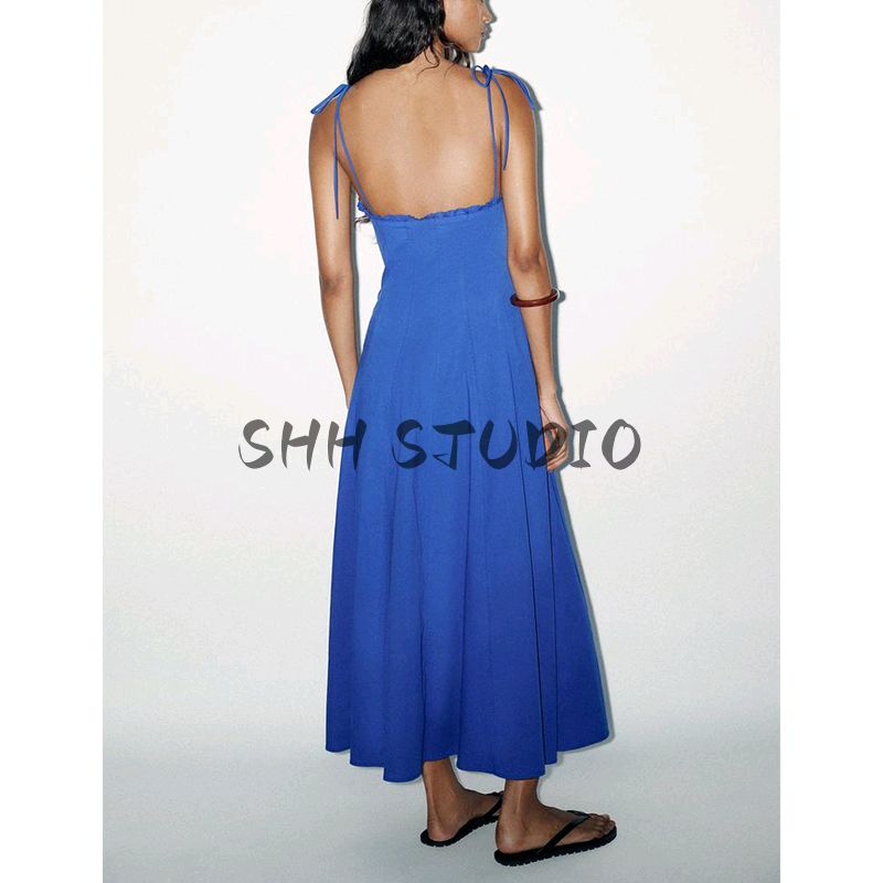 Summer New Product Women's Clothes French Laminated Decoration V Neck Bowknot Decoration Poplin Midi Skirt Dress 3152317
