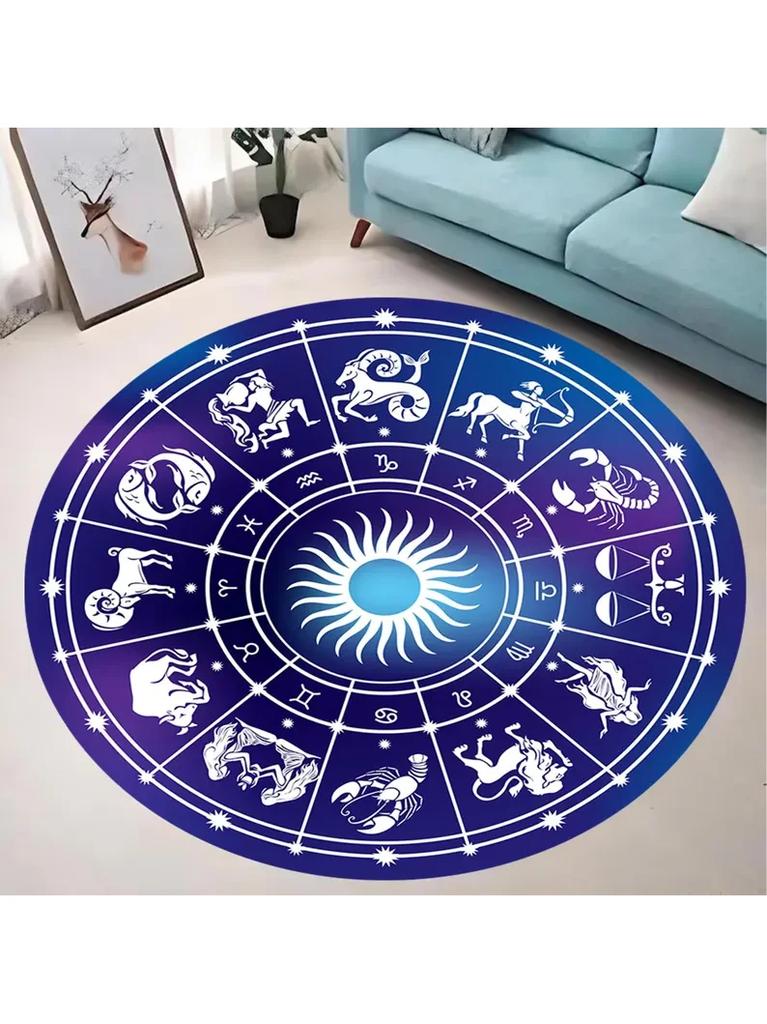 Zodiac Wheel Astrology Round Rug Purple and Blue Sun Sign Non Slip Floor Mat for Celestial Lovers