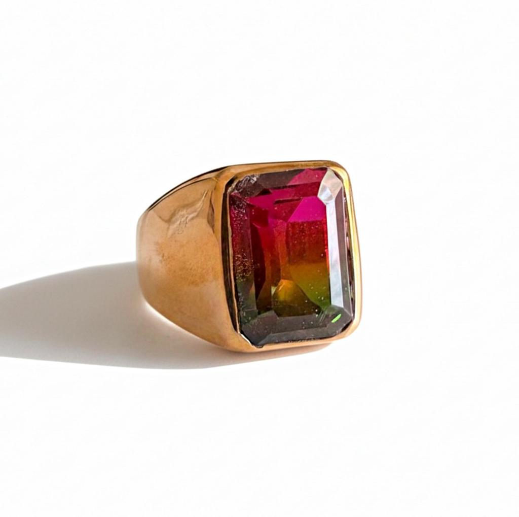 Tourmaline Watermelon Ring, 925 Sterling Silver Ring, Tourmaline Faceted Signet Ring, Handcrafted Unisex Ring, Pure Copper Ring