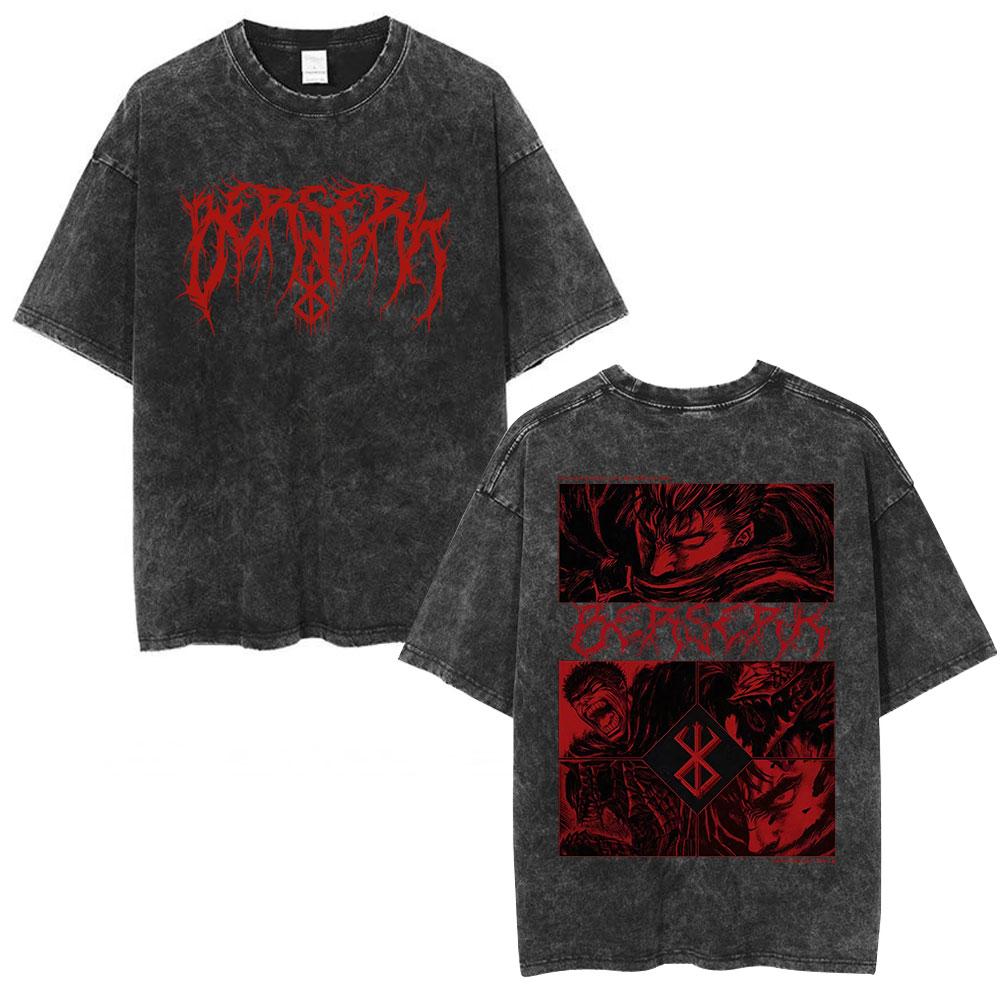 Japanese Anime Berserk Guts Vintage Washed T Shirt Griffith Swordsman Gatsu Sacrifice Zodd T-shirts Unisex Cotton Casual T-Shirt