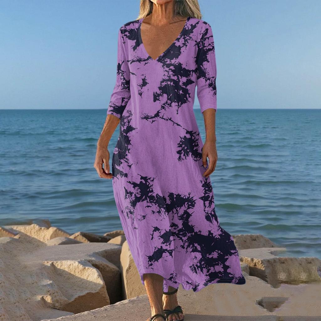 Dresses For Womens Vintage Print Tunic Waisted Midi Dress Summer Casual 3/4 Sleeve Dress