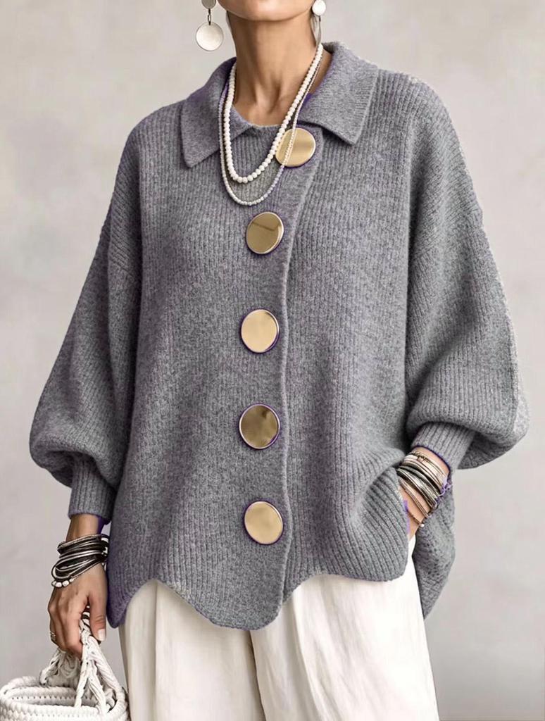 2026 European & American Retro Lapel Button Knit Cardigan - Women's Autumn/Winter Loose Coat