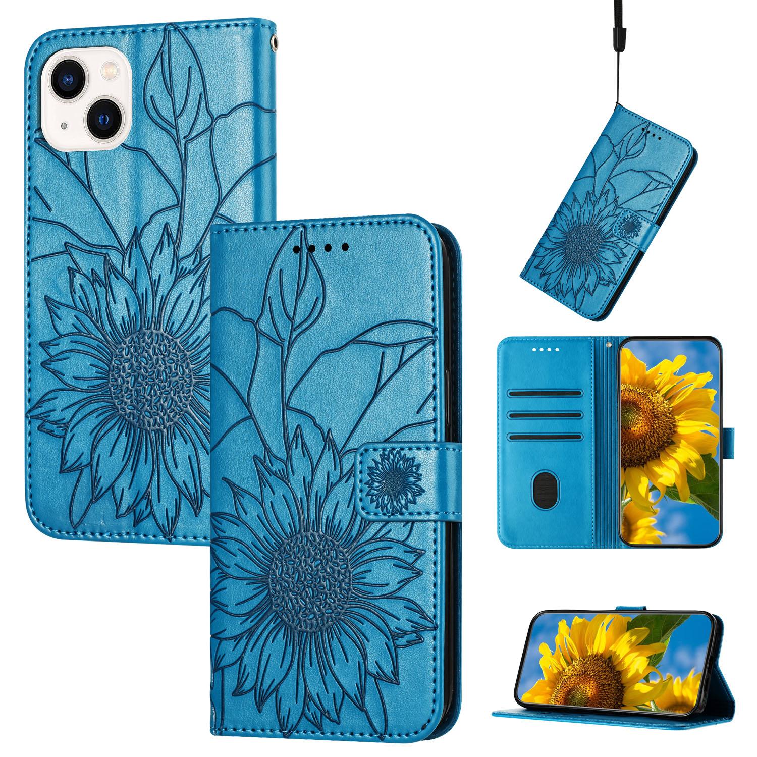 

Защитный чехол из искусственной кожи с тиснением подсолнуха, держатель для магнитных карт, подставка, ремешок на запястье, флип-чехол для iPhone 15 15Plus 15Ultra 11 12 13 XR iPhone 15 Ultra синий