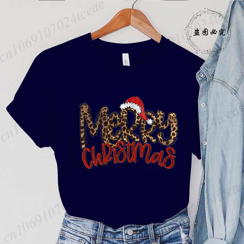 Leopard Merry Christmas Print TShirts Crew Neck Tshirt Casual Short Sleeve Top for Christmas Unisexs Clothing Tshirt Top